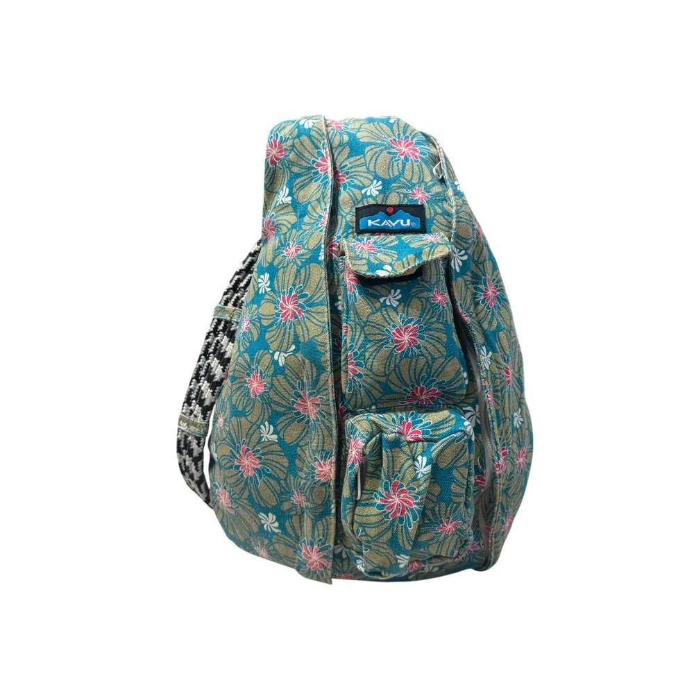 KAVU Rope Bag Sling Backpack Womens Teal Blue Pink Floral Canvas Good